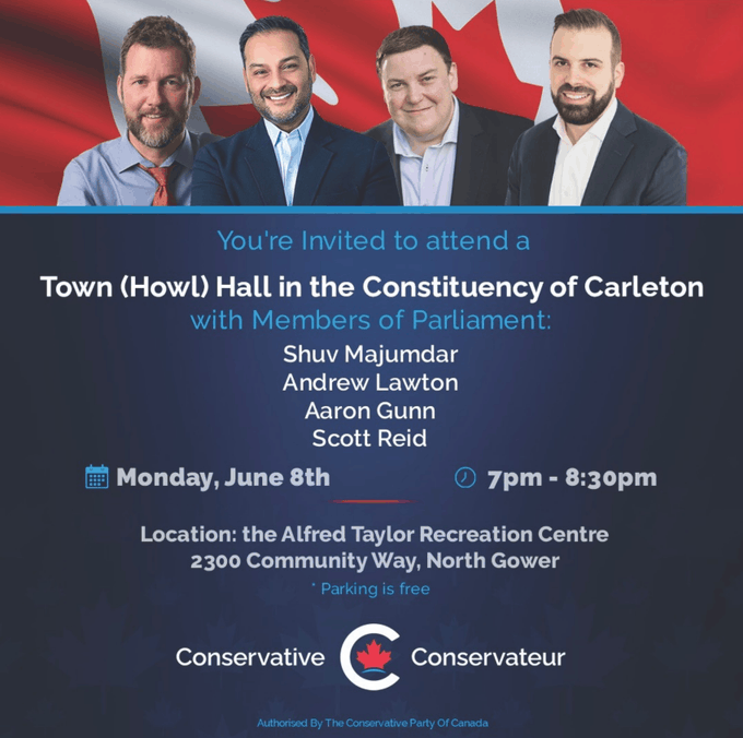 KanataCPC's tweet photo. Friends! Join our neighbours in Carleton for an exciting Town Hall with MPs @shuvmajumdar, @AndrewLawton, @AaronGunn, and @ScottReidCPC.

📍 Alfred Taylor Recreation Centre, North Gower 
🗓  Monday, June 8 
⏰ 7:00–8:30 PM

Hope to see you there! https://t.co/JbFZ3xTlWZ