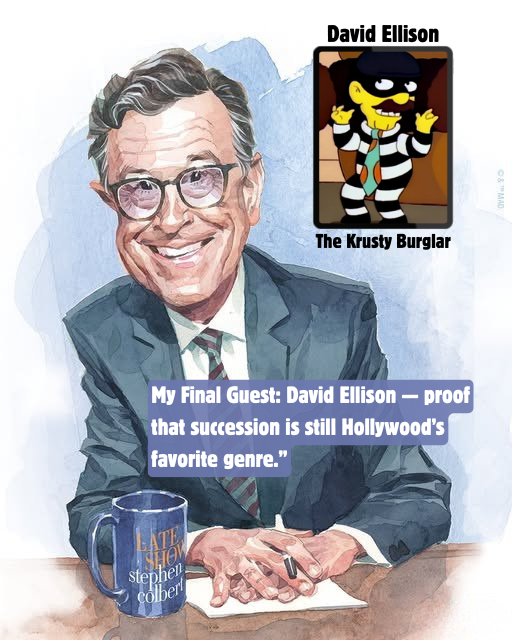 CorkDC's tweet photo. “Please welcome David Ellison — Springfield’s richest petty thief.”
#fridayfunny #thesimpsons #stephencolbert https://t.co/jp8qAa0dyR