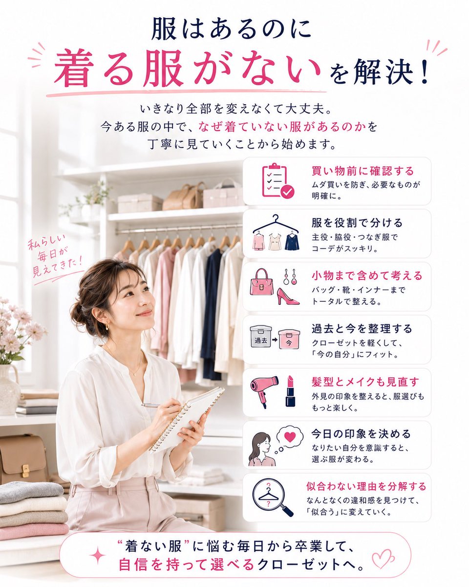 CalmeParfum's tweet photo. YouTubeでも大好評の企画🤩🙌✨
【服はあるのに、着る服がない問題】

服って、買えば買うほど
着る服が増えるんじゃないの？

そう思っていたのに、
なぜかクローゼットはパンパン🤯
でも朝は毎日「着る服がない😱」

この原因、実は…
『服の数』ではありません。

・その場の可愛いで買っている。
・主役服ばかり増えている。
・靴やバッグまで考えていない。
・過去の自分の服が多い。
・似合わない理由を分析していない。

⚠️クローゼット迷子⚠️の原因を7つに分解して、解決法までまとめました〜〜👩🏻‍🏫✨

初の有料note✍️📖✨

／
なんと！
無料部分だけで10,000文字あります😂🖐️笑(自分でもビックリ)
＼

2週間だけ
💴1,980円 → 🈹980円✨

図解もたっぷり！
超大作！！！
無料部分だけでもぜひ読んでください👇

https://t.co/OVk3D7iDsY