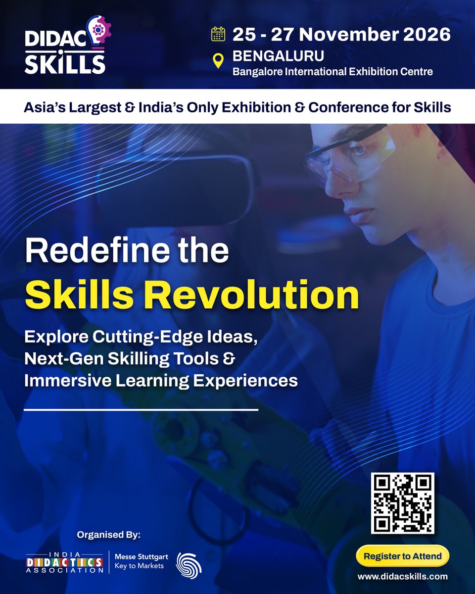 DidacSkills's tweet photo. Join us at Didac Skills 2026 | Asia's Largest & India's Only Exhibition & Conference for Skills
Date: 25 | 26 | 27 November 2026
Venue: Bengaluru, BIEC
🔗 Register now: https://t.co/Eu39o6p5sW
#DIDACSkills #SkillsForTomorrow #VocationalLearning #WorkforceDevelopment https://t.co/0AdQmkUZsG