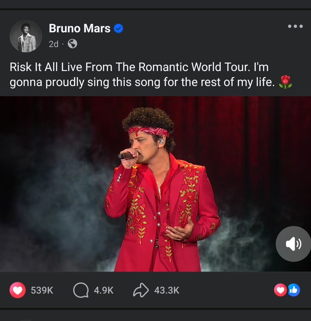 GeoStrangerrr's tweet photo. Bruno Mars' Risk it all live performance now has 4.5M likes on Tiktok and 540K likes on FB (it's rare on FB to have this number of likes btw) in just 2 days. https://t.co/5zYUwDEsxG