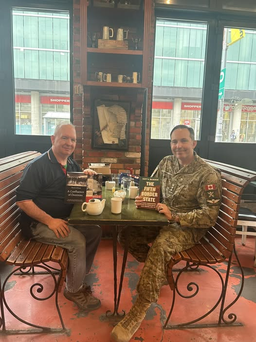 DavidGrebstad's tweet photo. It was great to meet up with Dr. Scott MacKenzie, (@5thBorderState)a pal from University of Manitoba days for breakfast and to sign each others books!
Scott, an academic focused on the Civil War, was in town to see the latest @CanWarMuseum exhibit “Close to Conflict” about Canada and the US Civil War.