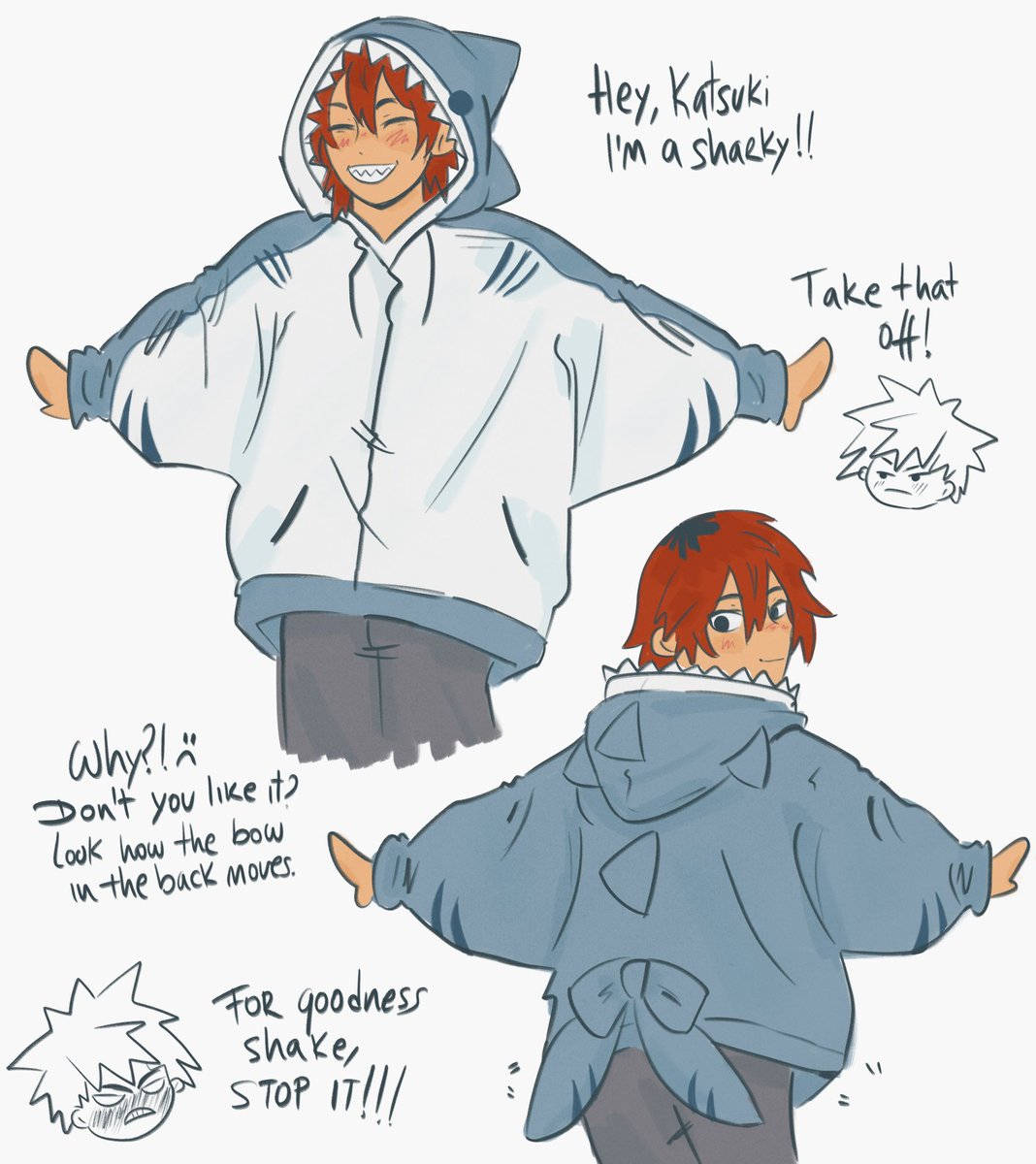 rebgumii's tweet photo. kiri loves his new hoodie 🦈♥️ (bakugo too, but he’s suffering a heart attack) https://t.co/1ci7VtLslJ
