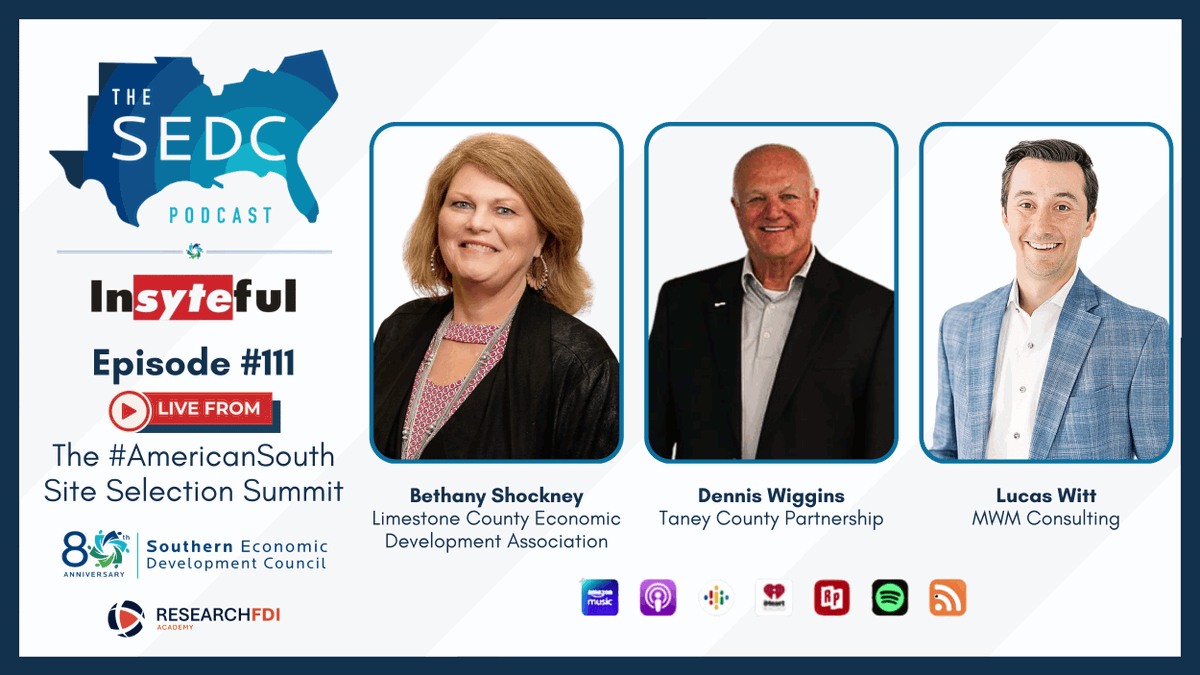 SEDCouncil's tweet photo. The SEDC Podcast Presented by Insyteful was live from the 2026 #AmericanSouth Site Selection Summit. Check out great interviews with Bethany Shockney, Dennis Wiggins and Lucas Witt, MBA.

Listen at https://t.co/gJDufmHOiU. https://t.co/ZKd2MjNDbV