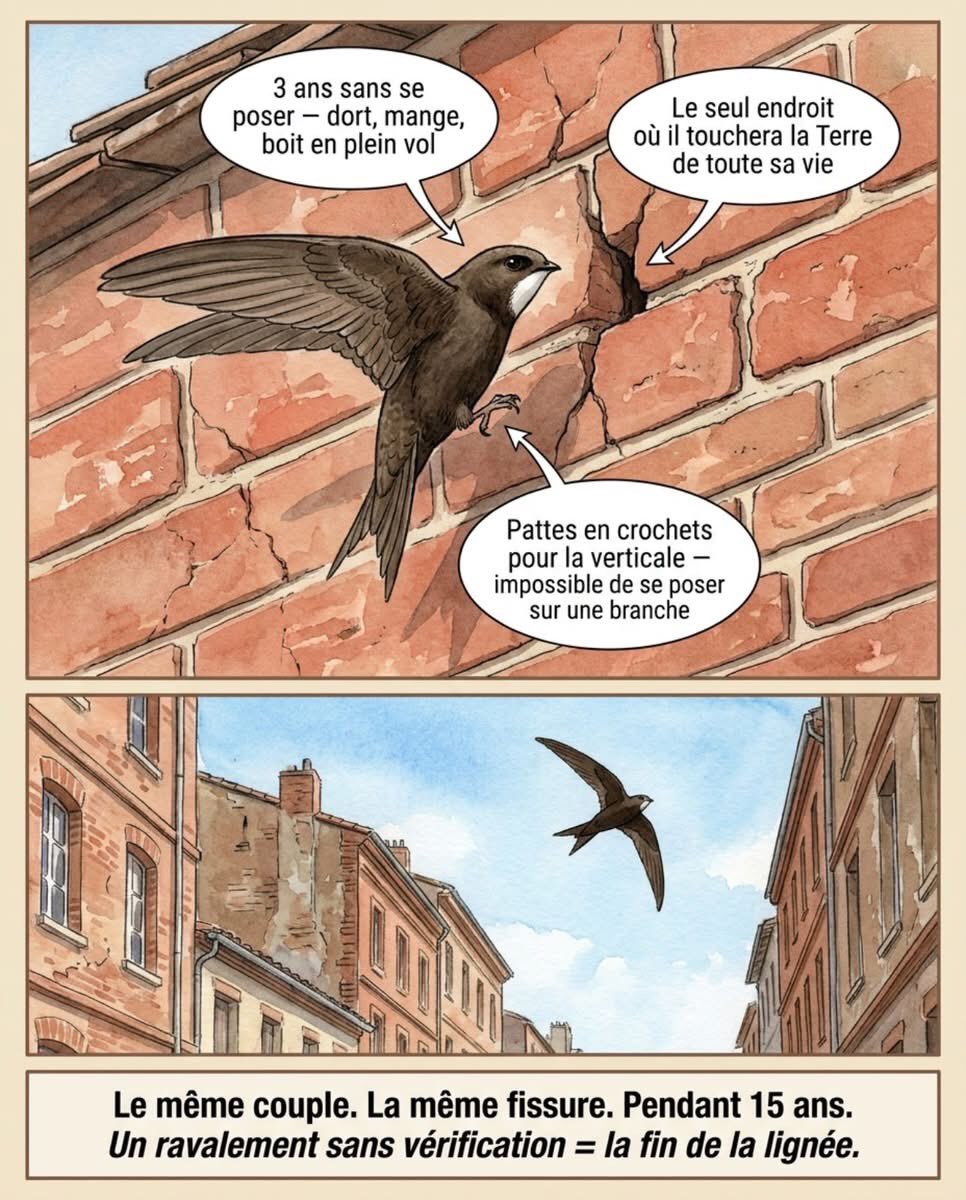 yvan_theriault's tweet photo. Le martinet qui disparaît dans la fissure de ton mur a passé les trois dernières années dans les airs — sans jamais se poser.
Cette fissure, c'est le seul endroit sur Terre où ses pattes toucheront quelque chose.
🌿 Il ne peut pas se poser sur une branche, ni sur un fil, ni sur le rebord d'une fenêtre. Ses pattes sont des crochets — conçus pour s'agripper à la verticale. L'envol depuis le sol lui est impossible. S'il y tombe, il ne peut pas repartir seul.
Le même couple revient à la même ouverture pendant dix à quinze ans. Leurs petits héritent du même accès après eux. Une fissure dans un vieux mur de brique peut abriter la même lignée de martinets depuis plus longtemps que tu n'habites dans le quartier.
Un ravalement de façade qui bouche les orifices sans vérification préalable n'est pas juste une rénovation — c'est la fin de cette lignée.
Avant tout travaux sur une vieille façade, signale le site à la LPO locale — des nichoirs de substitution peuvent être posés avant l'intervention. Les martinets reviennent à leur colonie en mai : c'est le bon moment pour vérifier 🌿