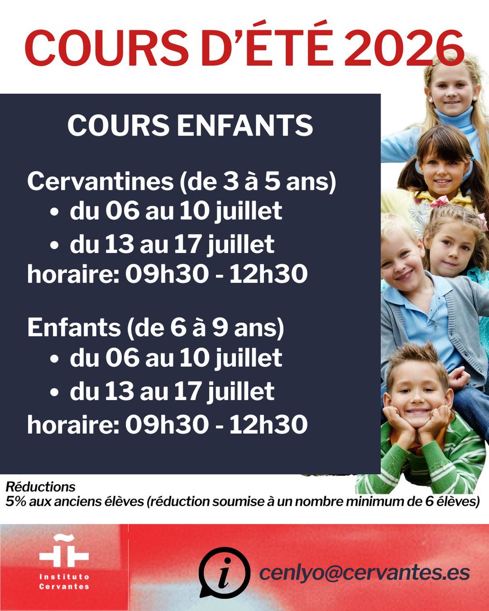 ICLyon's tweet photo. COURS D’ÉTÉ 2026 | CURSOS DE VERANO 2026 
Apprenez l’espagnol cet été avec nos cours adaptés à tous les âges et niveaux !
Cours spéciaux : Vitamines, Adolescents et Enfants
• 15 heures — 172,5 €
• 12 heures — 144 €
• 10 heures — 125 €
📩 Informations: cenlyo@cervantes.es https://t.co/HCeoqfdW9w