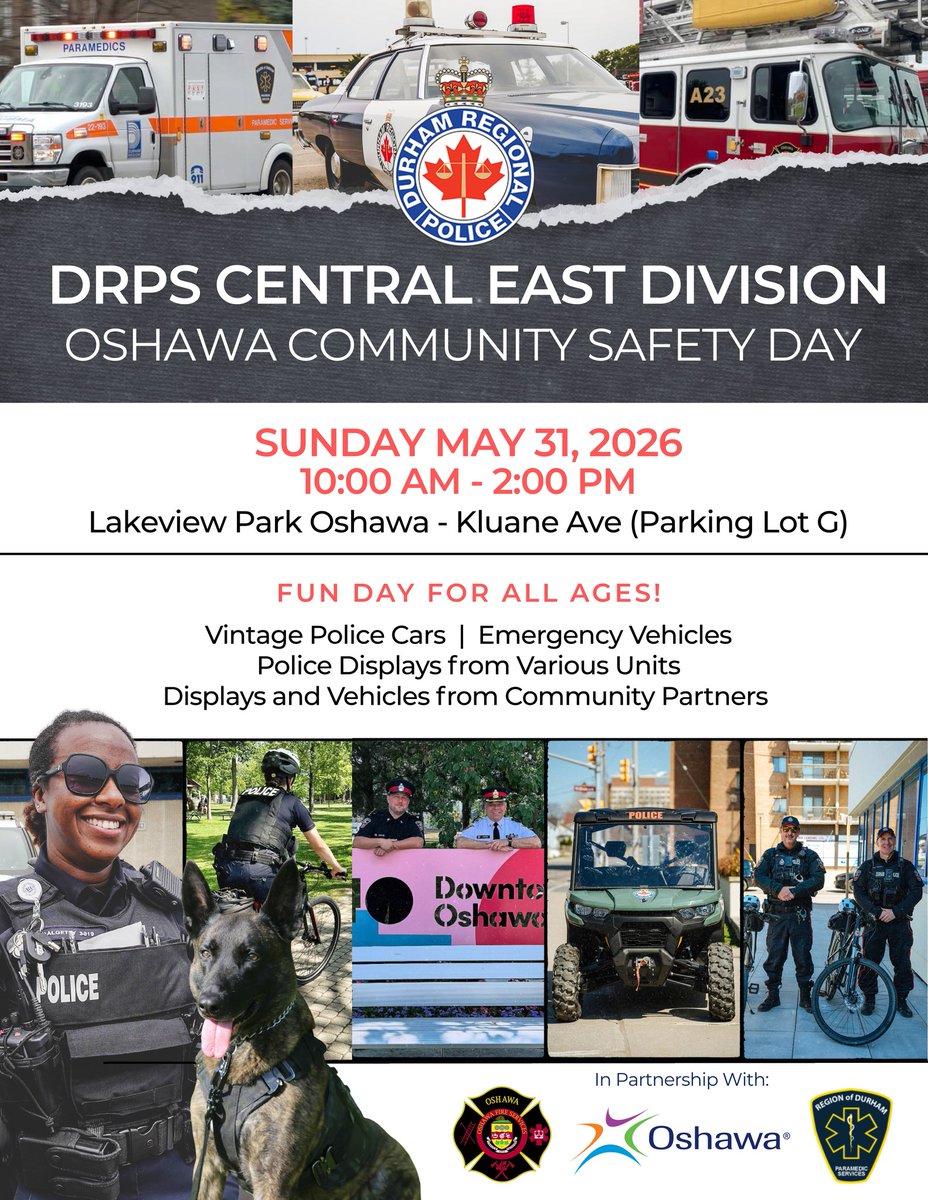 DRPS's tweet photo. 🚨 REMINDER: @DRPSCEDiv is hosting their 2026 Oshawa Community Safety Day this weekend! 🚔

This free community event is inclusive and fun for guests of all ages. Food will be available for purchase. 

There will be various activities and displays to enjoy, as well as police vehicles, and members from various units, including the K9 and tactical. 

In partnership with @OshawaFire, @oshawacity and @DurhamParamedic who will also be present, as well as displays from other community safety partners.

📅When: Sunday May 31, 2026 from 10:00 a.m. – 2:00 p.m.

📍Where: Lakeview Park, Oshawa - Kluane Avenue (Parking Lot G)

We hope to see you there!