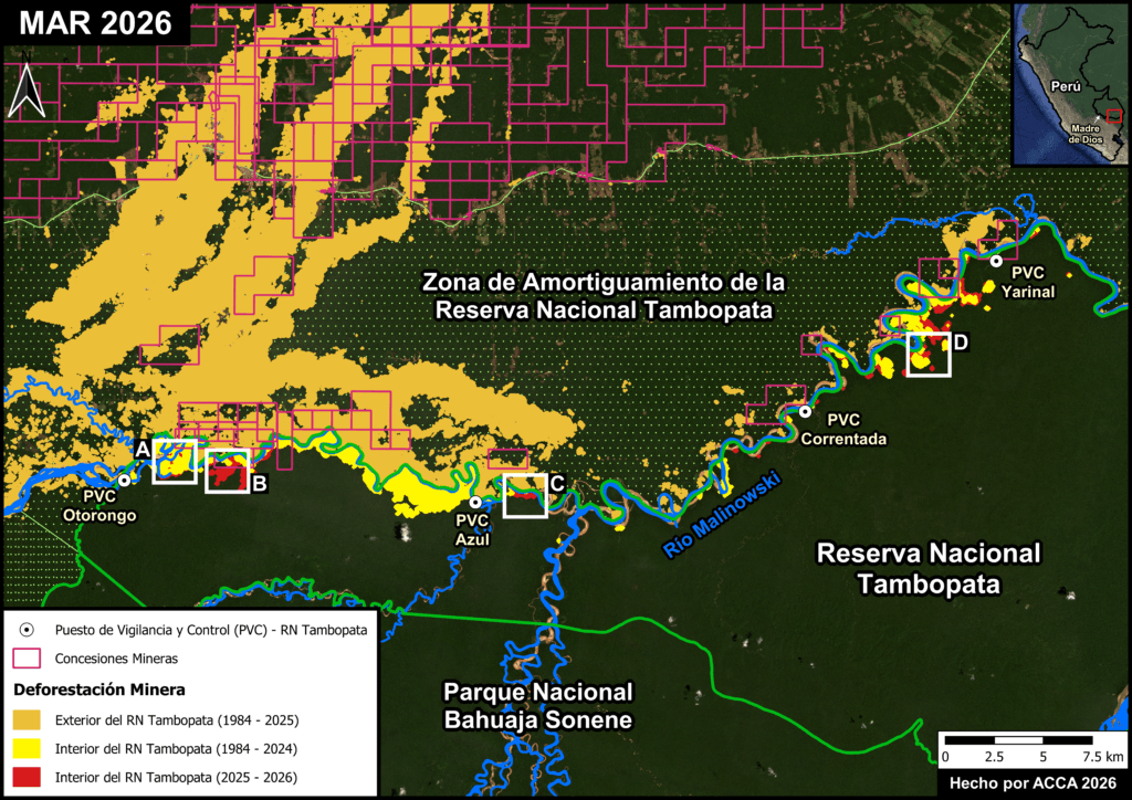 Ecocentristas's tweet photo. 🇵🇪Rápida expansión de la minería ilegal de oro en la Reserva Nacional Tambopata🏞️ 

Analizando imágenes satelitales de muy alta resolución espacial (Skysat de Planet, 0.5m), se ha detectado un total de 183 infraestructuras mineras y 67 campamentos en 5 zonas mineras. https://t.co/vpfBZsVZmO
