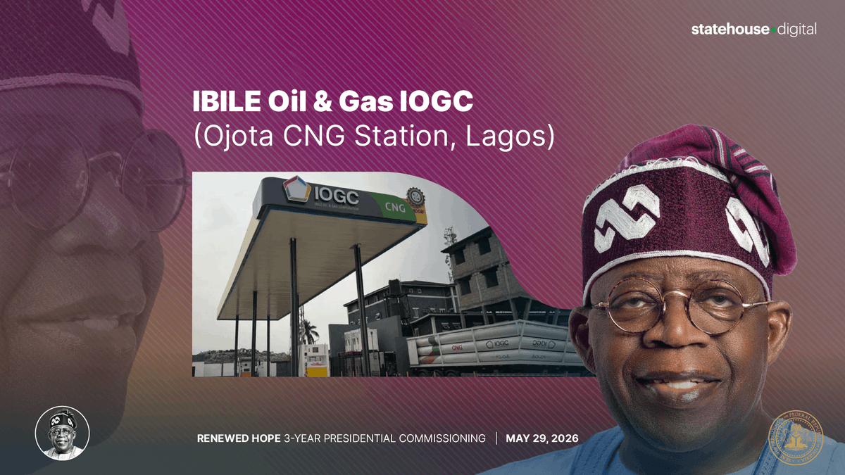 NGRPresident's tweet photo. IBILE OIL & GAS (IOGC) — OJOTA

🇳🇬 NOW LIVE: President @officialABAT commissions the IOGC CNG Refuelling Station at 2A Ikorodu Road, Ojota Bus Stop, Lagos.

This is the flagship of Lagos State's most ambitious CNG rollout — 15 CNG refuelling stations delivered by the Ibile Oil and Gas Corporation under MDGIF, sited across:
Ogudu • Ikota • Agege • Ojota • Oko-Oba • Ajah • Idimu • Ogolonto • Abule Egba • Badagry • Ayobo + 4 additional locations.

For millions of Lagosians, this means cheaper transport, cleaner air, and a real alternative to petrol.

Watch live: https://t.co/dAPSXu754Y

#RenewedHope #TinubuAt3