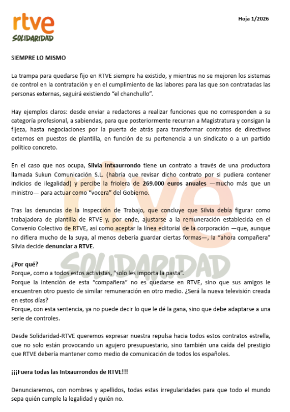 RTVESolidaridad's tweet photo. SIEMPRE LO MISMO.

Hoja 1/2026 ⬇ https://t.co/FRr2Sx6qno
