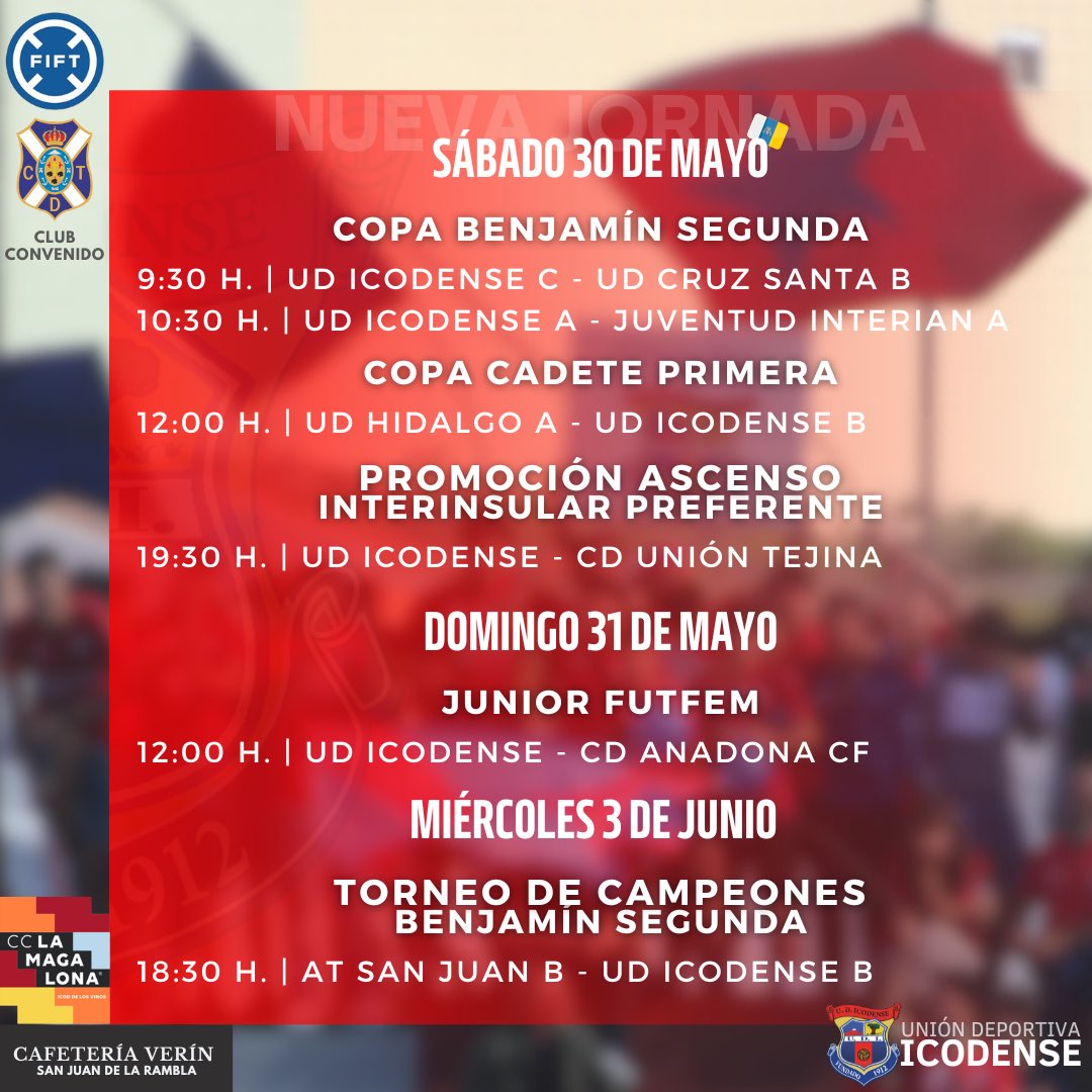 IcodenseOficial's tweet photo. | NUEVA JORNADA ❤️💙

🔜 Aquí les dejamos los partidos de nuestros equipos para este fin de semana.

¡VAMOS ICODENSE!

#SomosIcodense #UDI2526 🔴🔵 https://t.co/2UkVwGatoe