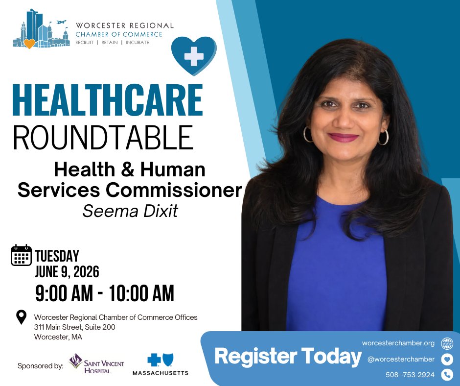 chamberworc's tweet photo. Join us June 9 for our Healthcare Roundtable featuring Seema Dixit! 💙

📍 Worcester Regional Chamber of Commerce
⏰ 9–10 AM

Register Here:  https://t.co/p66iBe94gZ 

Sponsored by Saint Vincent Hospital &amp; Blue Cross Blue Shield of Massachusetts #Healthcare https://t.co/qUE7KhEReq