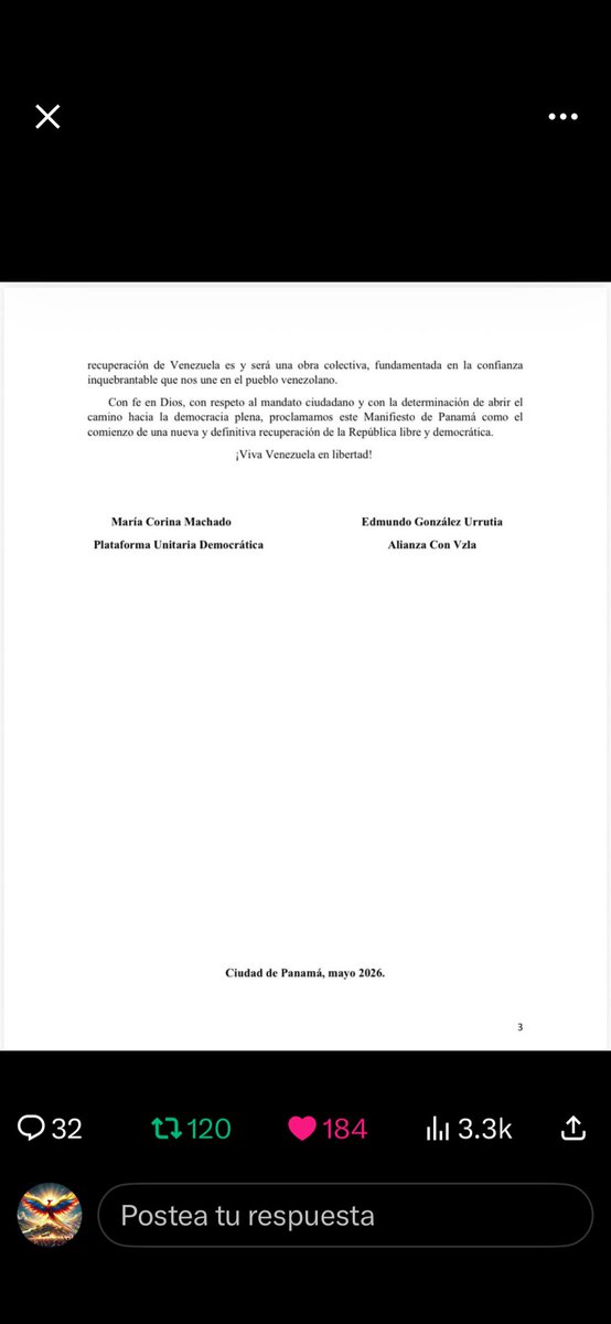 olabcao's tweet photo. El Manifiesto de Panamá debe interpretarse como el acuerdo o ruta ejecutable y definitivo de la alineación política y denota el consenso la IMPORTANTE DENOTACIÓN DE @MariaCorinaYA como representante de la PLATAFORMA UNITARIA DEMOCRÁTICA.
Si observan no hay más firmas Ella y el presidente electo @EdmundoGU . 
El balón pasó al lado del RÉGIMEN y USA no tiene excusa existe una OPOSICIÓN POLÍTICA UNIFICADA bajo un solo LIDERAZGO.
La hoja más importante del Manifiesto 👇🏼👇🏼👇🏼👇🏼👇🏼👇🏼
