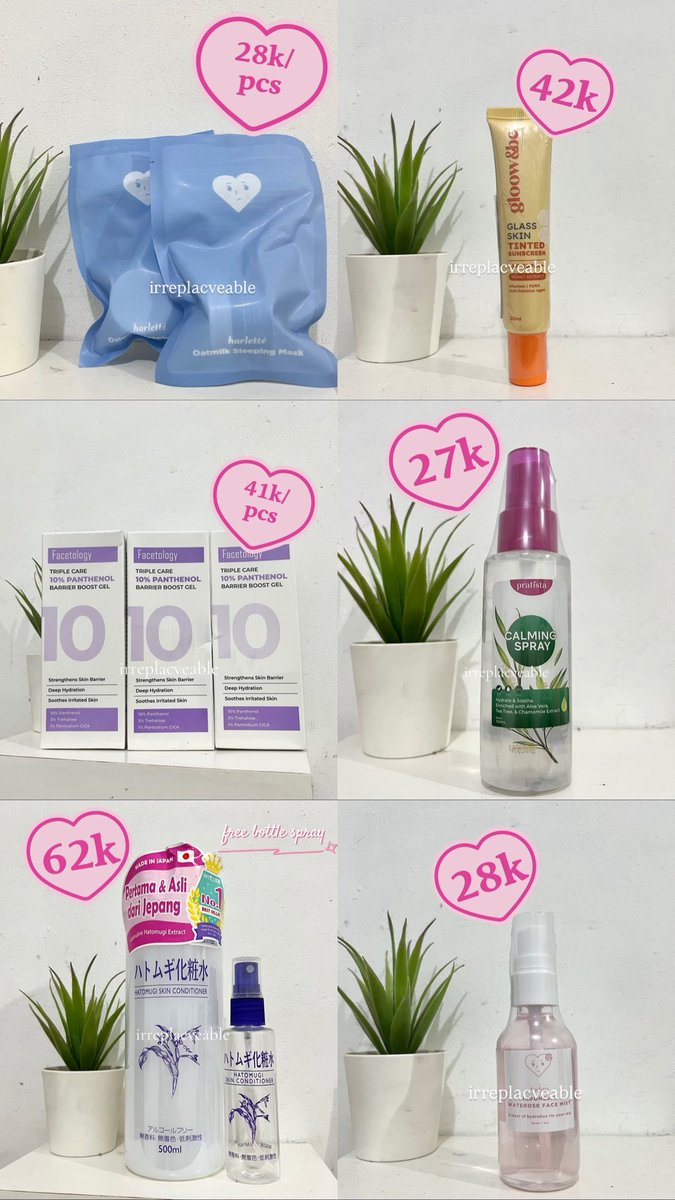 irreplacveable's tweet photo. • Harlette Sleeping Mask Travel size 28k/pcs
• Gloow&amp;be Tinted Sunscreen 42k
• Facetology 10% Moist 41k/pcs
• Pratista Calming Spray 27k
• Toner Hatomugi 500ml (free bottle spray) 62k
• Harlette Rose Water 28k https://t.co/5Sg1tozWKJ