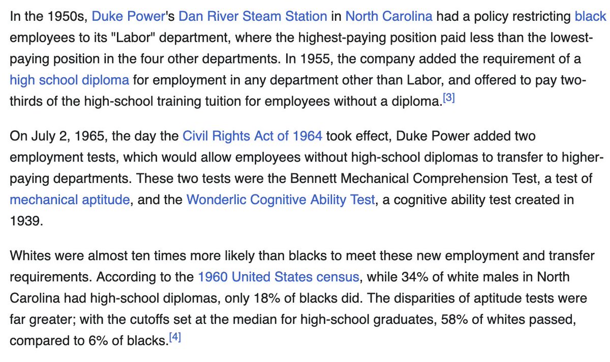 tracewoodgrains's tweet photo. Griggs was bad precedent, but I struggle to believe that a company with a long history of overt segregation that abruptly added employment tests the day the Civil Rights Act took effect chose to do because they thought IQ was an ideal measure of job performance.