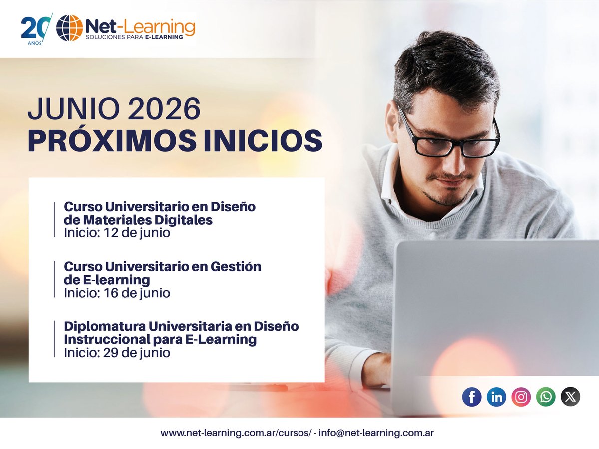 netlearning20's tweet photo. 📚 Nuevos inicios en junio en Net-Learning:
🔹 Curso Universitario en Diseño de Materiales Digitales — 12/6
🔹 Curso Universitario en Gestión de E-learning — 16/6
🔹 Diplomatura Universitaria en Diseño Instruccional para E-Learning — 29/6
Formación online con certificación universitaria https://t.co/3u2uX24Tkb 👉 https://t.co/Oqza3diJvA
¡Inscríbete! 

#eLearning #FormaciónProfesional #CursosOnline