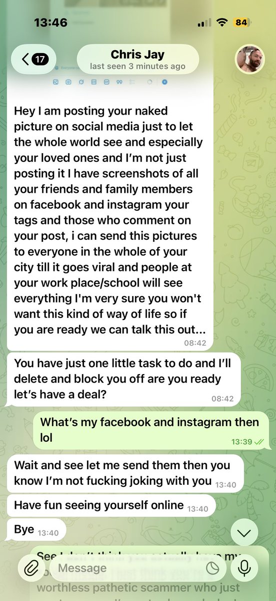 JordanRose2001's tweet photo. Beware of this guy on grindr, we started chatting on @Grindr  and then went to chatting on @telegram and he’s trying to blackmail me with my pictures i sent him after he sent me some. Asking for money etc. what of course I’m not giving him . His name on telegram is Chrissjay1 https://t.co/793FnaOVoU