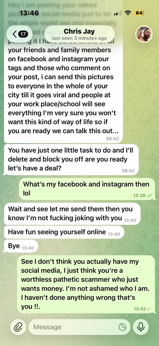 JordanRose2001's tweet photo. Beware of this guy on grindr, we started chatting on @Grindr  and then went to chatting on @telegram and he’s trying to blackmail me with my pictures i sent him after he sent me some. Asking for money etc. what of course I’m not giving him . His name on telegram is Chrissjay1 https://t.co/793FnaOVoU