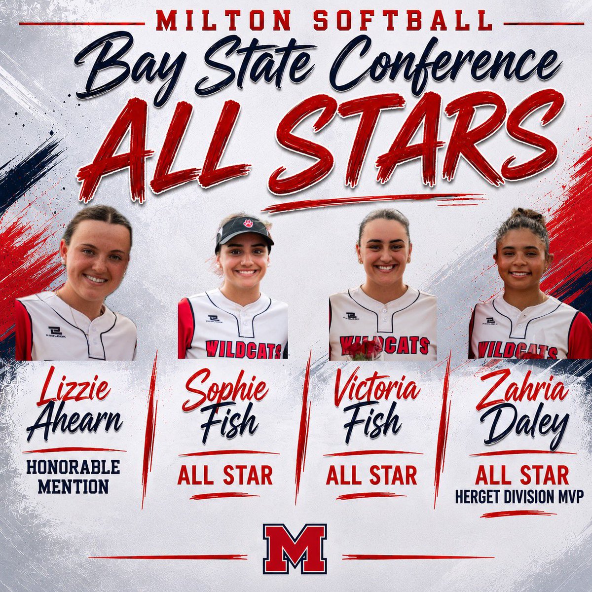 MHSSoftballCats's tweet photo. Excited to announce the Milton Softball Bay State Conference award winners … Honorable Mention Lizzie Ahearn … All Stars Victoria Fish and Sophie Fish … and the Herget Division MVP Zahria Daley! https://t.co/ADiPXAZVnS