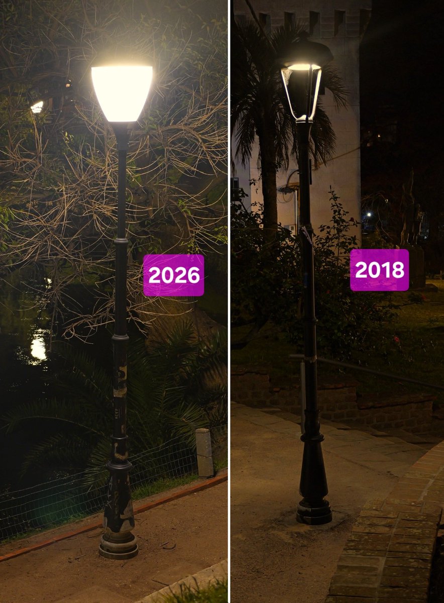 GabrielSere's tweet photo. @dolivera_uy Las nuevas luminarias son un retroceso en contaminación lumínica. Iluminan lo mismo que las que estaban pero estás encandilan y no dejan ver el parque atrás. 
Las fotos muestran la sustitución sin parcial.  Será peor cuando terminen. https://t.co/oWrN8r4CRA