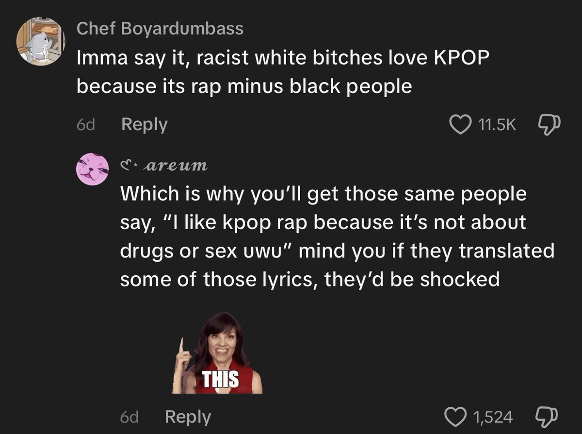 yoongiscupcakee's tweet photo. these 2 tiktok comments basically sum up the non black side of army twt or kpop twt in general. Yall get on here and say yall don’t listen to rap then proceed to listen to Koreans rap which came from black ppl. it’s never been abt rap for yall it’s bc they aren’t BLACK. https://t.co/7av2K9tgVs
