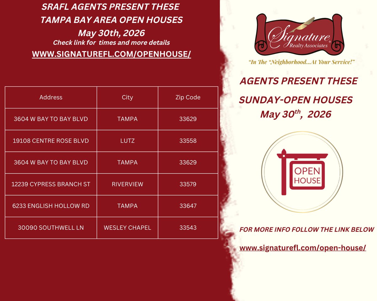 SRAFL's tweet photo. 🚨 OPEN HOUSE WEEKEND 🚨

Tour homes across:
🏡 Tampa
🏡 Lutz
🏡 Riverview
🏡 Wesley Chapel

See all locations &amp; times:
👉 https://t.co/4wXhgSuEJb

🏢 Signature Realty Associates
✨ In The Neighborhood…At Your Service!

#OpenHouse #TampaBayRealEstate #SignatureFL #SRAFL https://t.co/vN6GDuup9m