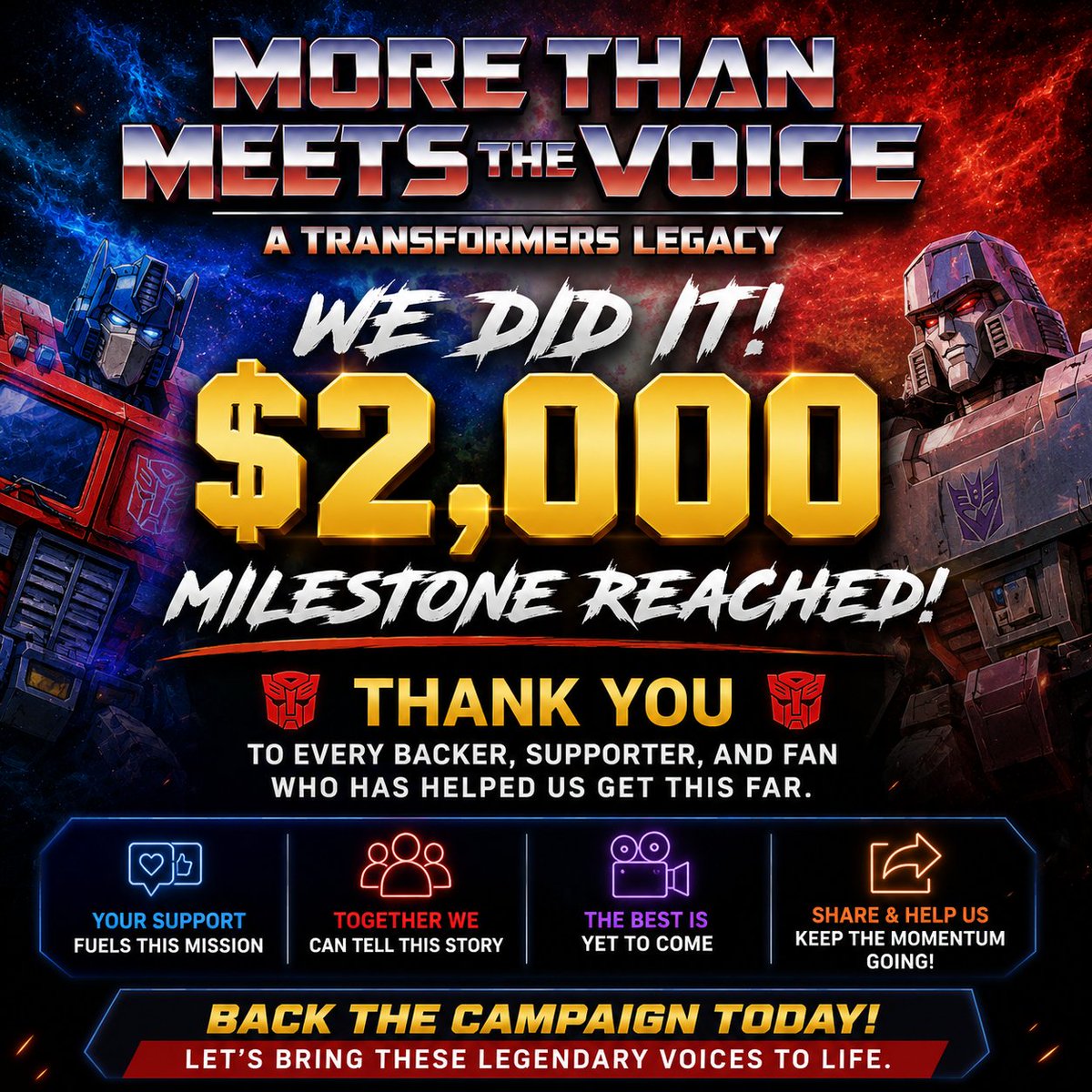 TFBerserker's tweet photo. 🎉 MILESTONE ACHIEVED! 🎉

We've officially crossed the $2,000 mark on our Kickstarter campaign for MORE THAN MEETS THE VOICE: A Transformers Legacy!

Thank you to every single backer, supporter, sharer, and fan who has helped us get this far! https://t.co/eEefVJFDdT