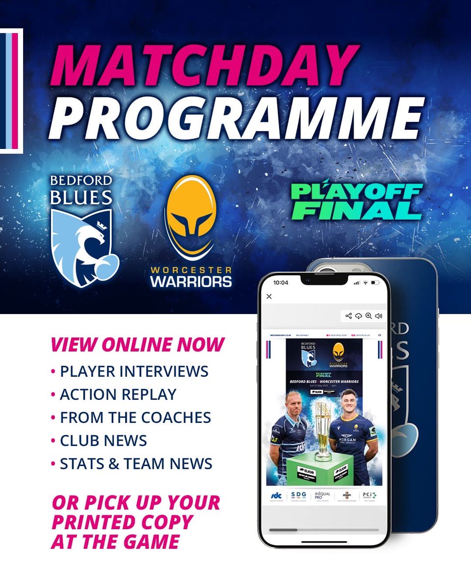 BedfordBluesRFC's tweet photo. 📖 PROGRAMME | Get the lowdown on Sunday Elior Champ Rugby Final with our 3️⃣2️⃣ page edition 🫶

Oppo Analysis - @WorcsWarriors ⚔️
Boardroom &amp; Coach’s Notes 📝
Where Are They Now 🤔
➕ much more 👌

Read now ➡️ https://t.co/OZUN3aVWrE

Available in print format at GR 👊 https://t.co/BaGqgAIv4m