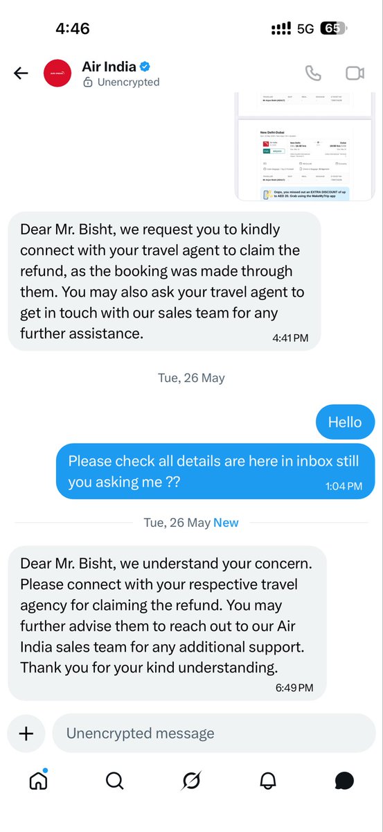 ArjunBisht89's tweet photo. @makemytripcare @makemytrip when i can expect a call from you guys its being 3 months now you guys sending me mail of 242 aed what a shit is this ?? I want my refund back 924 which is written also 
I am expecting a call from you +971552378188.  See what air India said https://t.co/kkKicAZOKY