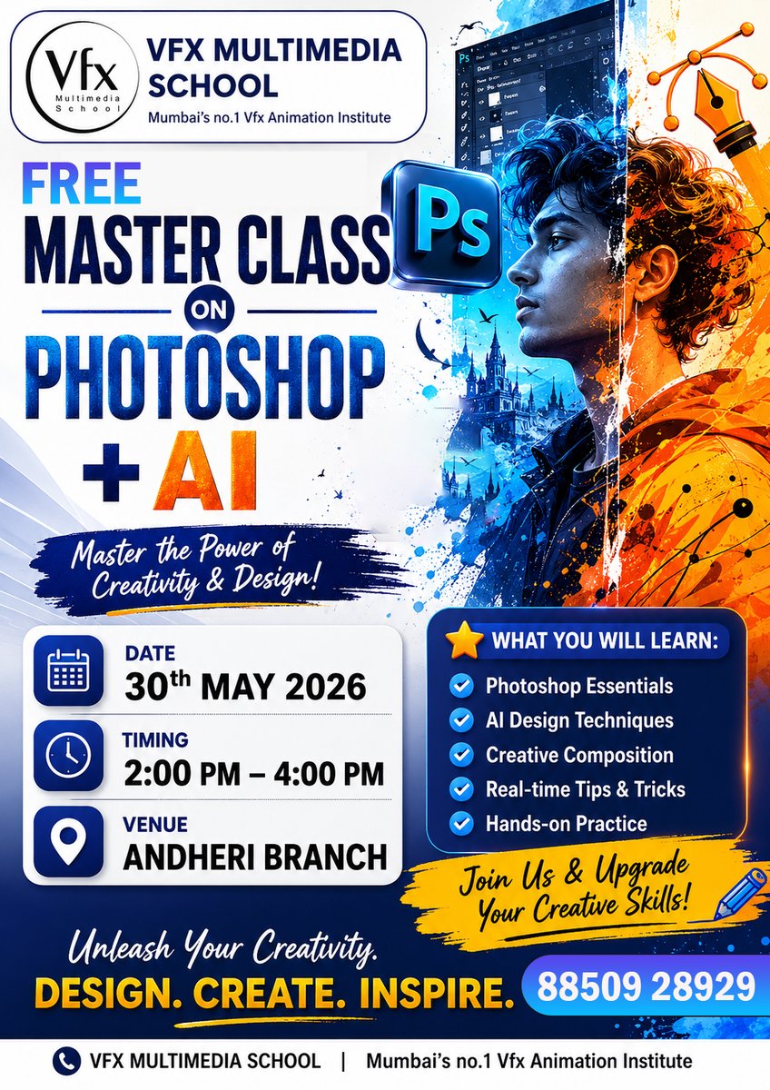 vfxmultimedia's tweet photo. FREE MASTERCLASS ALERT
#VFXMultimediaSchool #FreeMasterclass #Photoshop #ArtificialIntelligence #AI #GraphicDesign #VFXInstitute #AnimationInstitute #Andheri #Mumbai #PhotoshopTraining #AITools #CreativeCareer #DigitalArt #MotionGraphics #DesignLearning #VFXCareer #LearnAI https://t.co/ZfK7lBKCQG