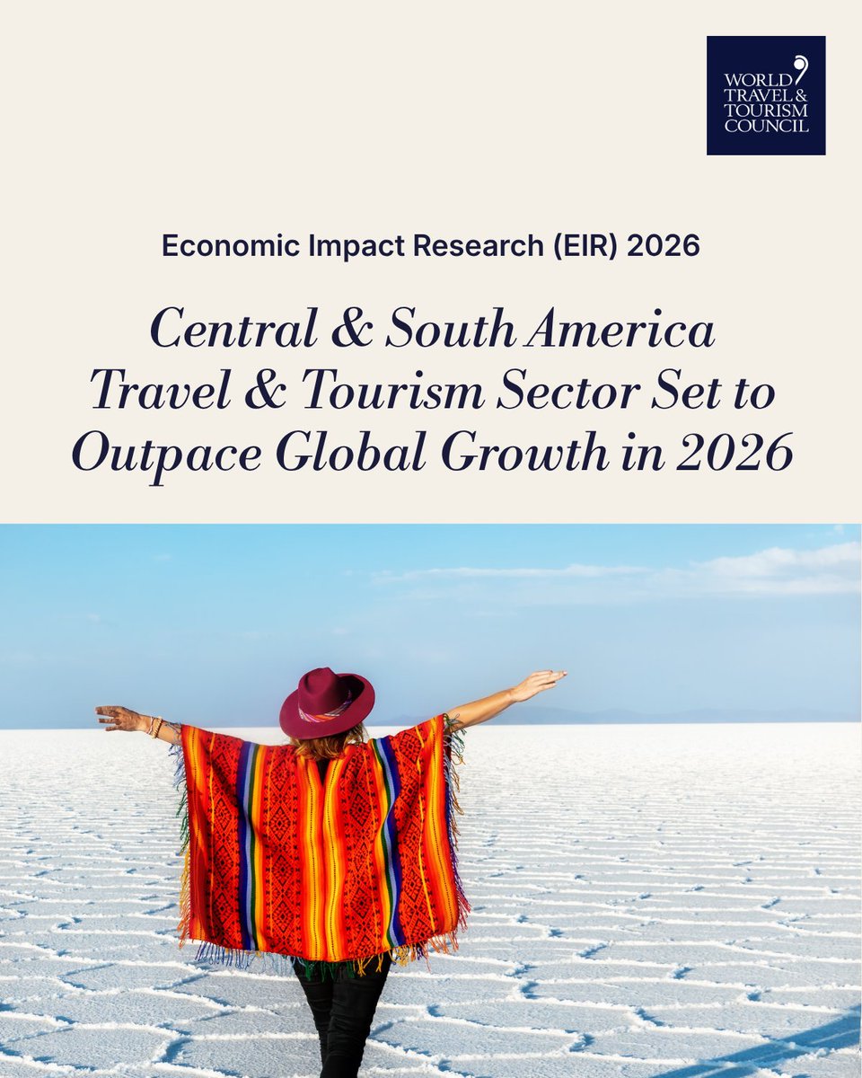 WTTC's tweet photo. The World Travel & Tourism Council's latest Economic Impact Research forecasts the Central & South America will outpace global growth in 2026.

🇪🇨 Ecuador - forecast Travel & Tourism GDP growth of 11.6%
🇧🇴 Bolivia - projected growth of 10.3%, supported by a 25.8% surge in international visitor spending
🇵🇦 Panama - sector forecast to grow 8.4%, with international visitor spending expected to rise 8.9%
🇨🇴 Colombia - projected Travel & Tourism GDP growth of 5.7%
🇧🇷 Brazil - Travel & Tourism GDP projected to increase 2.1%, with international visitor spending expected to rise 3%

Which market in Central and South America is on your radar for 2026?

🔗Discover the full regional data: https://t.co/Rvn9p55e4I

#WTTC #EIR2026