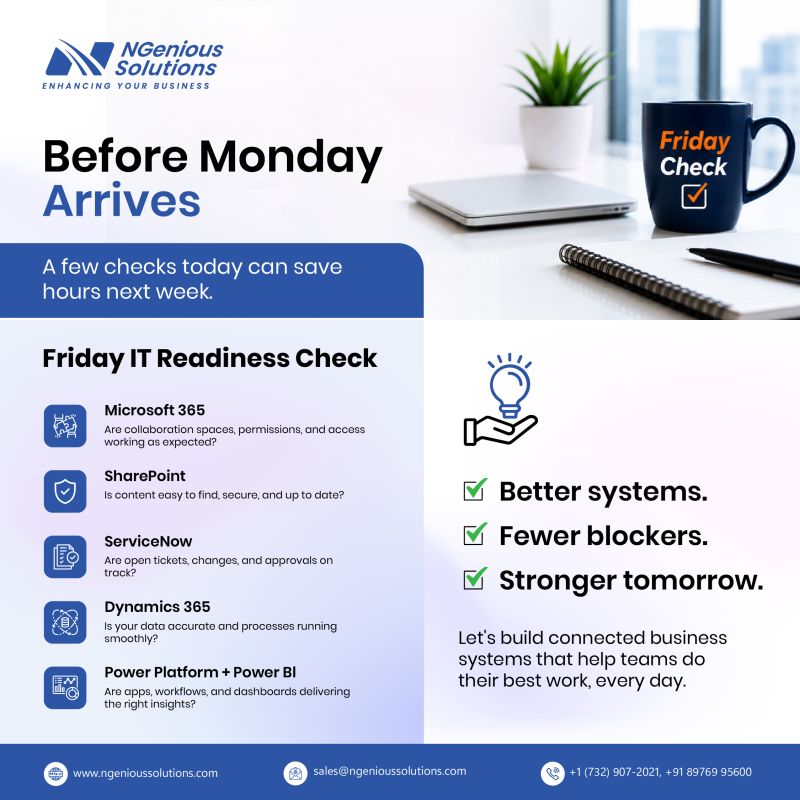 NGeniousS's tweet photo. Before the week closes, ask:

✔ Are permissions clean?
✔ Are approvals moving?
✔ Are ERP numbers reliable?
✔ Are dashboards up to date?

Small checks today can prevent bigger issues next week.

Book a FREE consultation:
https://t.co/yCGxzHveUE

#DigitalTransformation https://t.co/MxXIbAWBVt