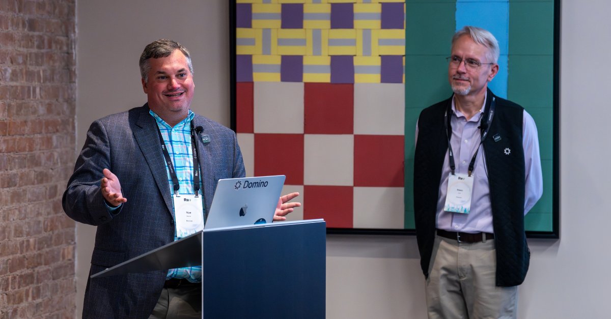 DominoDataLab's tweet photo. .@Dominodatalab’s Matt Bonyak and Danny Stout at #Rev26: regulated enterprises don't have a model problem. They have an application problem. AI apps built and deployed in hours, governance included. #Rev26 https://t.co/E4BhI3sPdK