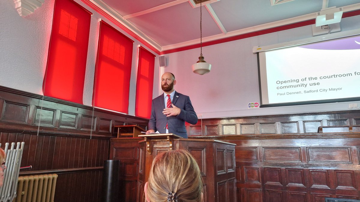 salford_mayor's tweet photo. It was great to join Salford CVS and @LabourEccles colleagues for the official reopening of Eccles Town Hall Courtroom.

We've worked with partners to deliver this new community space, part of our commitment to enhancing and restoring our heritage assets across the city. https://t.co/X3mJOsSZES