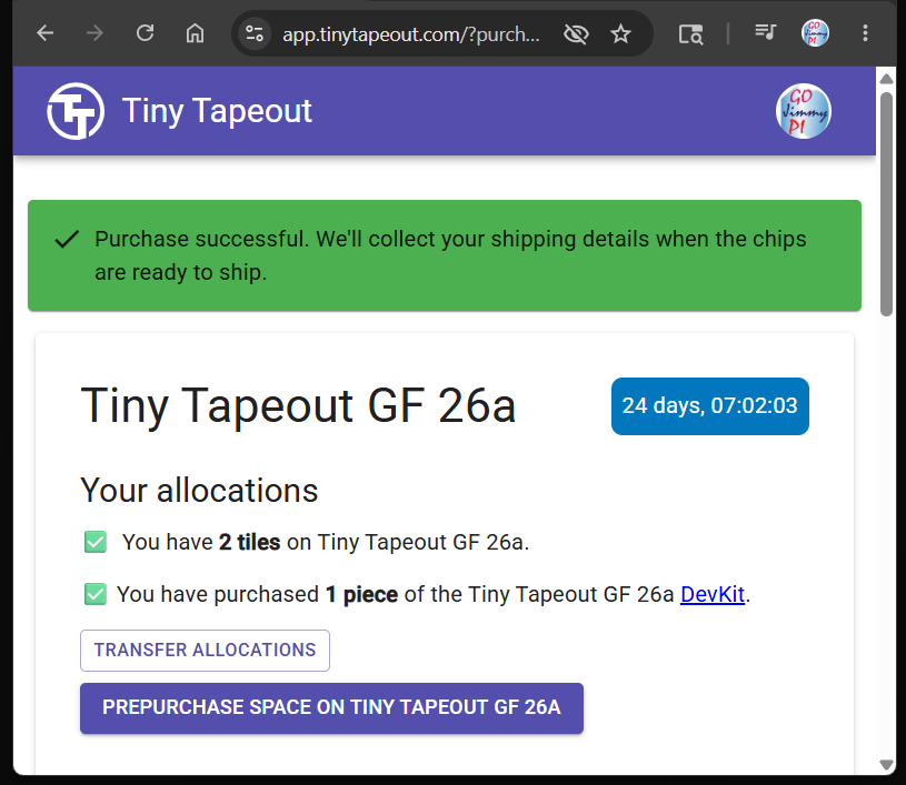 gojimmypi's tweet photo. I'm in! 

TTGF-UART-FSM-TRNG-Lab ⚙️

This is my first #TinyTapeout ASIC !! My project has a UART with a Finite State Machine: text commands to talk to some shared registers with SPI interface to a True Random Number Generator using a ring oscillator. Testing on the #ULX3S FPGA. https://t.co/HHISfcZ3Aw