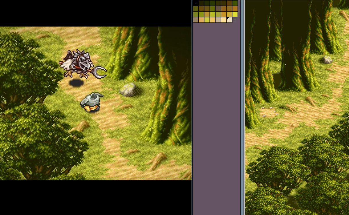 RyoSK1942's tweet photo. ナビ之介をプレイするたび、苔生した樹木の描写に感動するんだけど、データ開くと背景が32色パレットで描かれてて震える https://t.co/BXHcV0ykZK