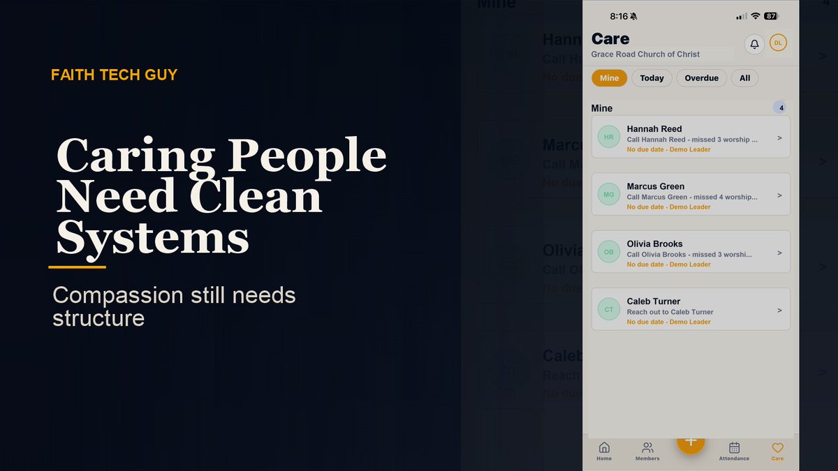 FaithTechGuy's tweet photo. If a member falls through the cracks, it is usually not because people do not care.

It is because the church is trying to care for people with fragmented notes, scattered texts, and memory-based follow-up.

Caring people still need clean systems. https://t.co/P5WIJrBncv