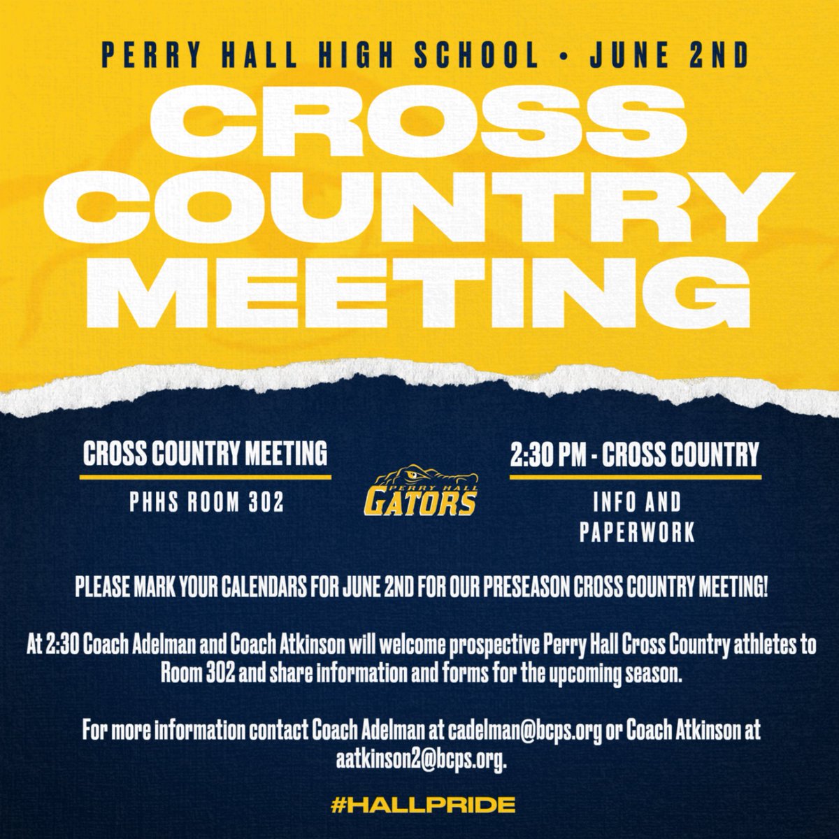 PerryHallXCTF's tweet photo. All athletes interested in cross country this fall should attend our preseason meeting on June 2nd. At 2:30 PM in Room 302, Coach Adelman and Coach Atkinson will share information for the fall season. For more information contact Coach Adelman at cadelman@bcps.org.  #hallpride https://t.co/rCG7lWs5Xr