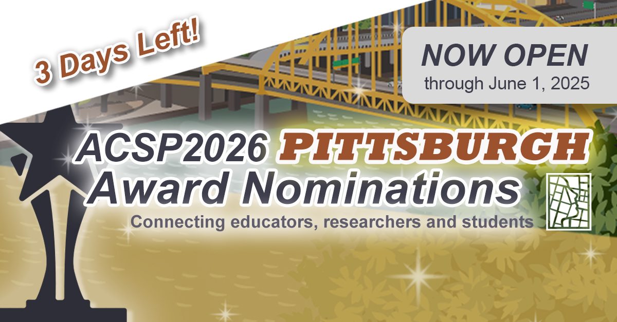 The_ACSP's tweet photo. ⏳ 3 days left!
Final stretch — don’t miss the opportunity to nominate a deserving colleague, student, or yourself.
👉 https://t.co/zPNsh6j8ul

#ACSP2026 #Awards

#ACSP2026 https://t.co/r2c2gNIoLe