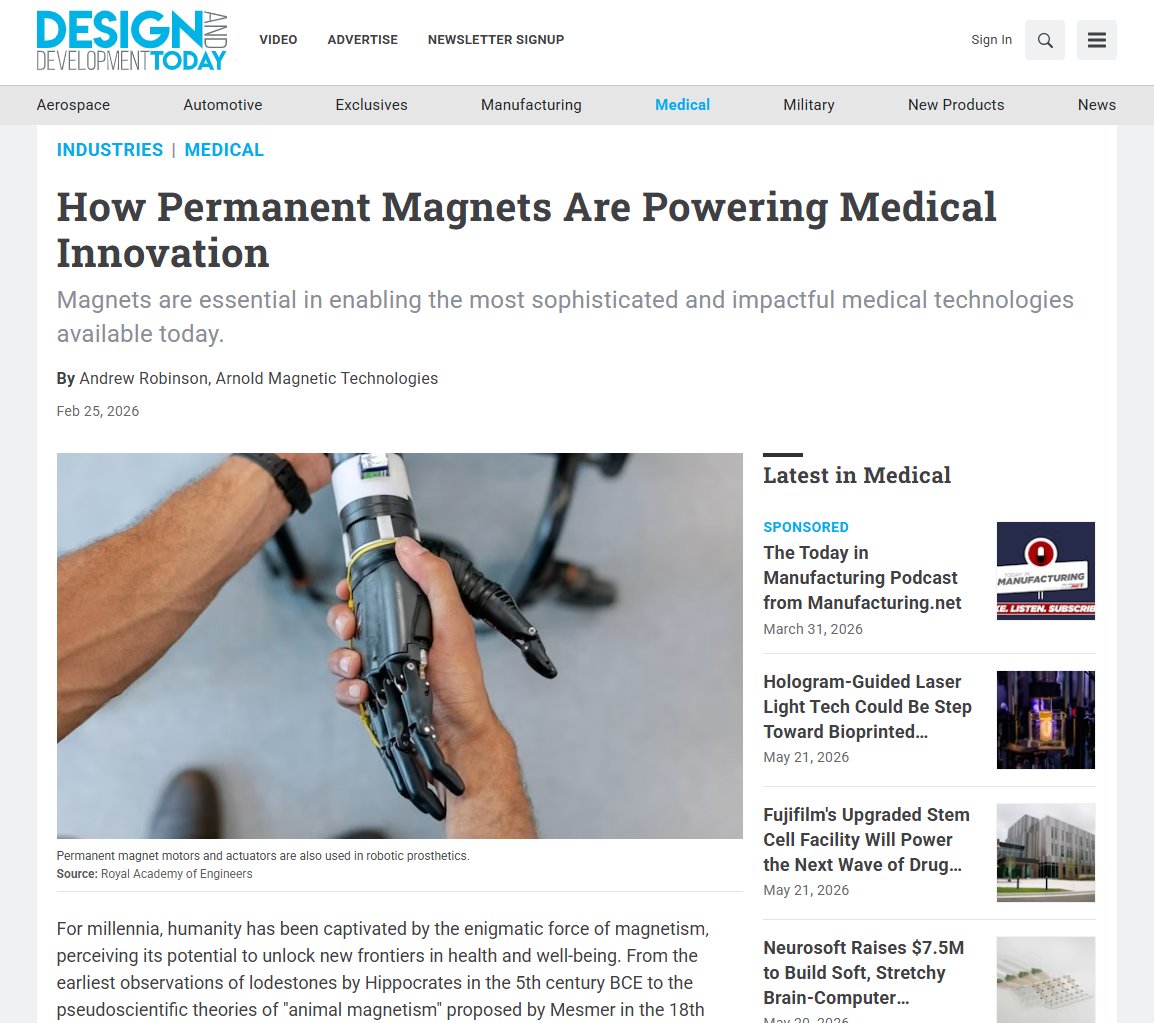 arnoldmagtech's tweet photo. From MRI machines to prosthetics, permanent magnets are driving breakthroughs in #medical technology. Head over to Design and Development Today to read the full piece, which explores how advanced magnetics are enabling innovation and how Arnold supports it with precision materials and engineering. 

https://t.co/QnG4MHsdC4
