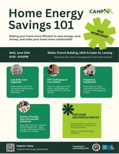 lansingmichigan's tweet photo. Join Lansing's Innovation Team with CAHP and BWL for a Home Energy Savings 101 Workshop!

The workshop will take place on Wednesday, June 10, 2026, from 6:00 - 8:00 pm at the Walter French Building barn next to the playground. 

To register, please visit: https://t.co/ZWmTiWtLL6. https://t.co/j1RfrZlB67
