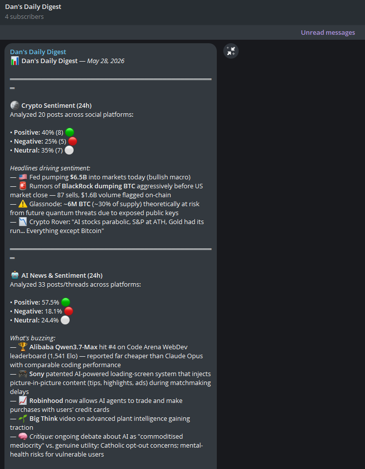 wordgenic's tweet photo. 1️⃣ gue manfaatin verosight buat ngonten

tiap hari, hermes agent gue kirim daily digest yg isinya:

> berita terbaru dr dunia AI (via verosight)
> keywords yg lagi trending (all sosmed)
> sentimen crypto terbaru

openclaw gue pake buat drafting konten https://t.co/NueMWhJIcW