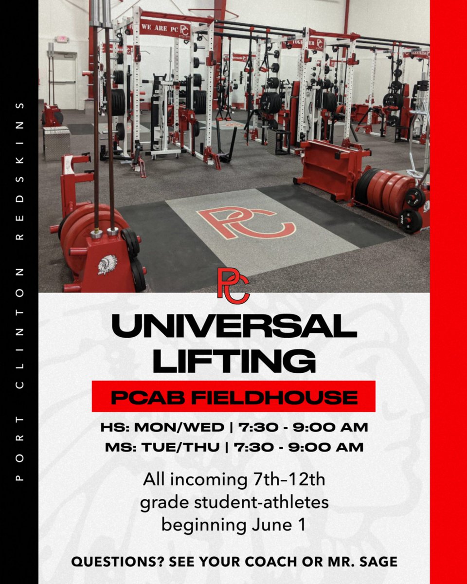 pcskins's tweet photo. 🚨 Reminder ‼️
Universal Lifting starts next week on Monday, June 1st! We hope to see all of our student-athletes there 💪 https://t.co/9vFEvQIKF6