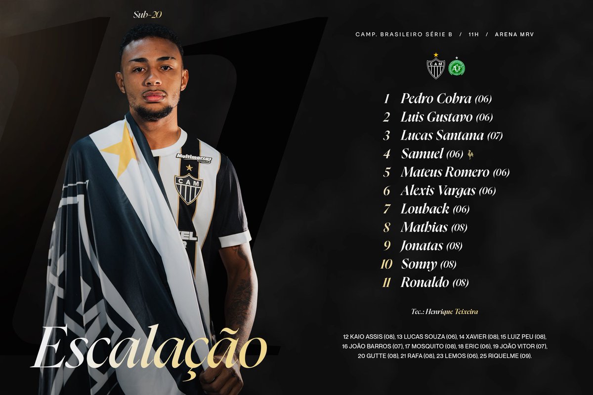 GaloNaBase's tweet photo. 📋 #CriasDoGalo escalados!

Veja a formação inicial escolhida pelo técnico Henrique Teixeira para o duelo contra a Chapecoense pela última rodada da primeira fase do Campeonato Brasileiro.

📺 Ao vivo na GaloTV H2bet! 

#CampeonatoBrasileiroSub20
#SerieB #CAMxCHA 🏴🏳️ https://t.co/4jNOOEfYc5