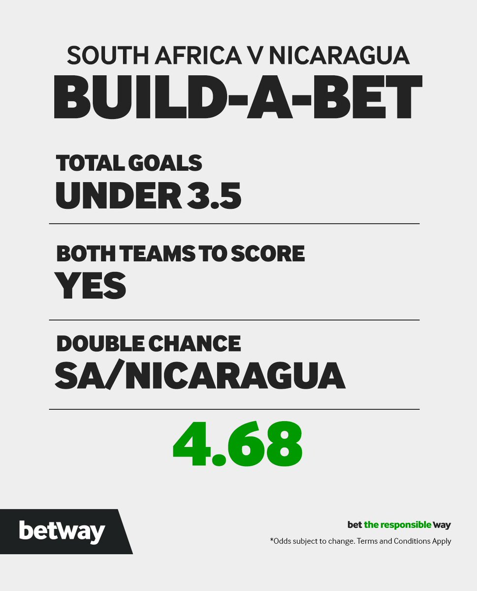 Betway_za's tweet photo. South Africa vs Nicaragua 🇿🇦 

Build-A-Bet:
Under 3.5 Goals
Both Teams To Score - YES
Double Chance SA/Nicaragua  

Odds: 4.68

 Who’s riding with this one?

#Betway #BuildABet #BafanaBafana https://t.co/RiRKddt4oR