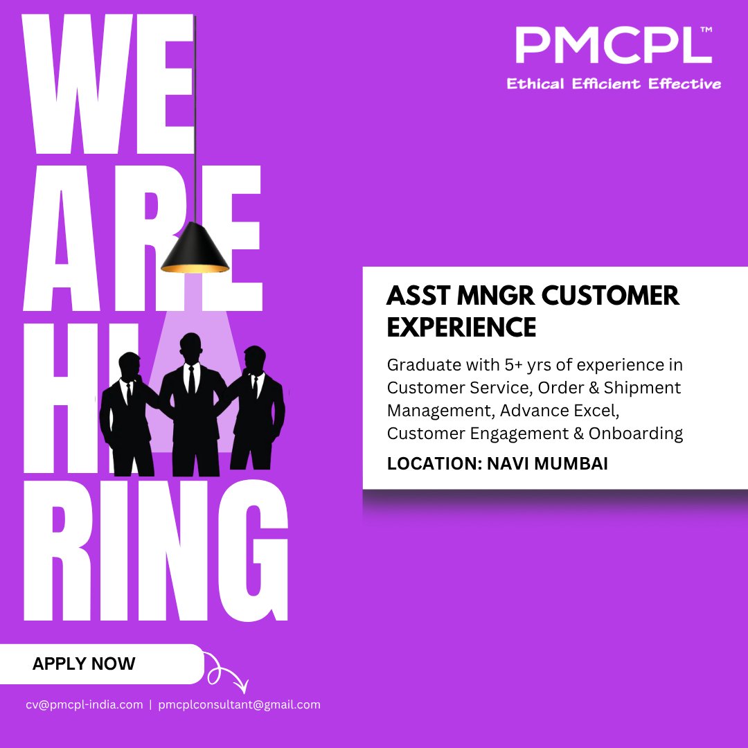 pmcpl_india's tweet photo. We’re Hiring!
#AssitantManager #CustomerExperience

Any Graduate with 5+yrs of Exp in Customer Service 
Apply: pmcplconsultant@gmail.com |cv@pmcpl-india.com
Details: https://t.co/oqp6I5V63E

#pmcpl #AssistantManager #CustomerExperience https://t.co/AwXXSdJaxk