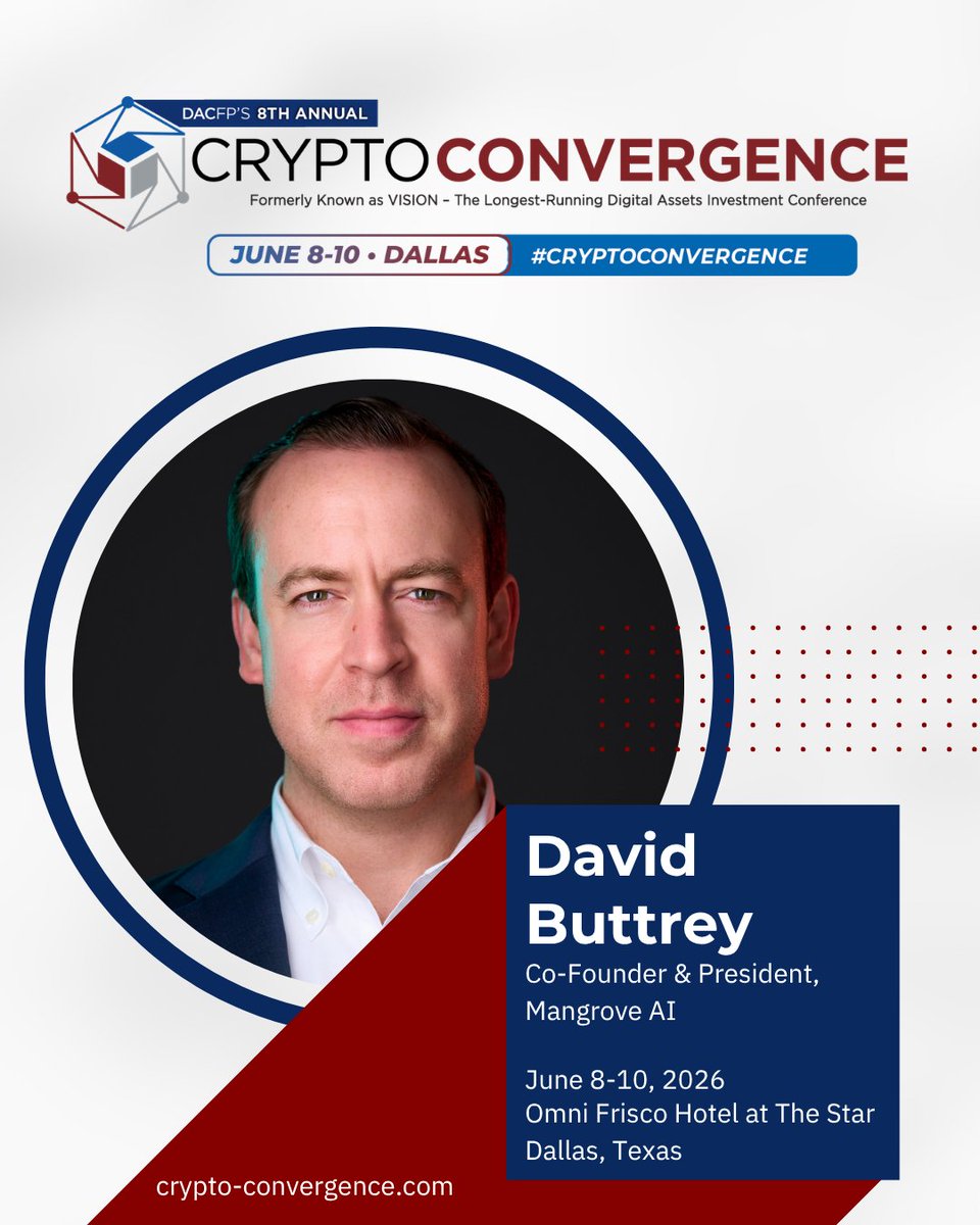 thedacfp's tweet photo. AI is going to reshape your practice. Tokenization is going to move trillions to blockchains. Both are happening faster than most advisors realize. 

@davidtbuttrey joins us at #CryptoConvergence to show you what your practice looks like on the other side – and how to get there. 

CFP/IWI/CFA CE credits will be available. 

Register: https://t.co/QemIBbJOSi