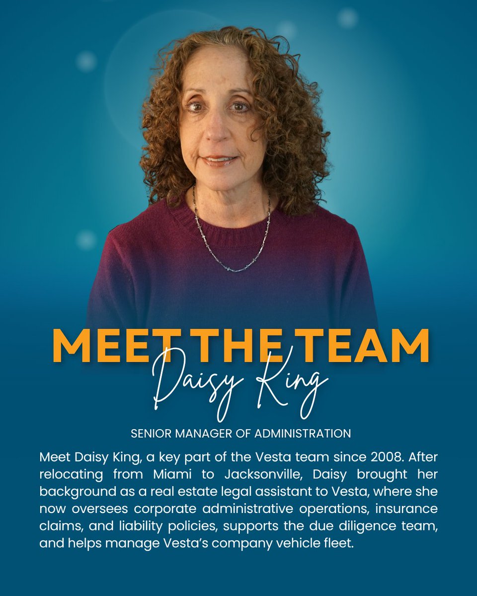 VestaForYou's tweet photo. Daisy King joined Vesta Property Services in 2008 after relocating from Miami to Jacksonville. She oversees corporate administration, insurance liability policies and claims, and supports Vesta’s due diligence team with her real estate legal assistant background. https://t.co/SLSyhSwXK6