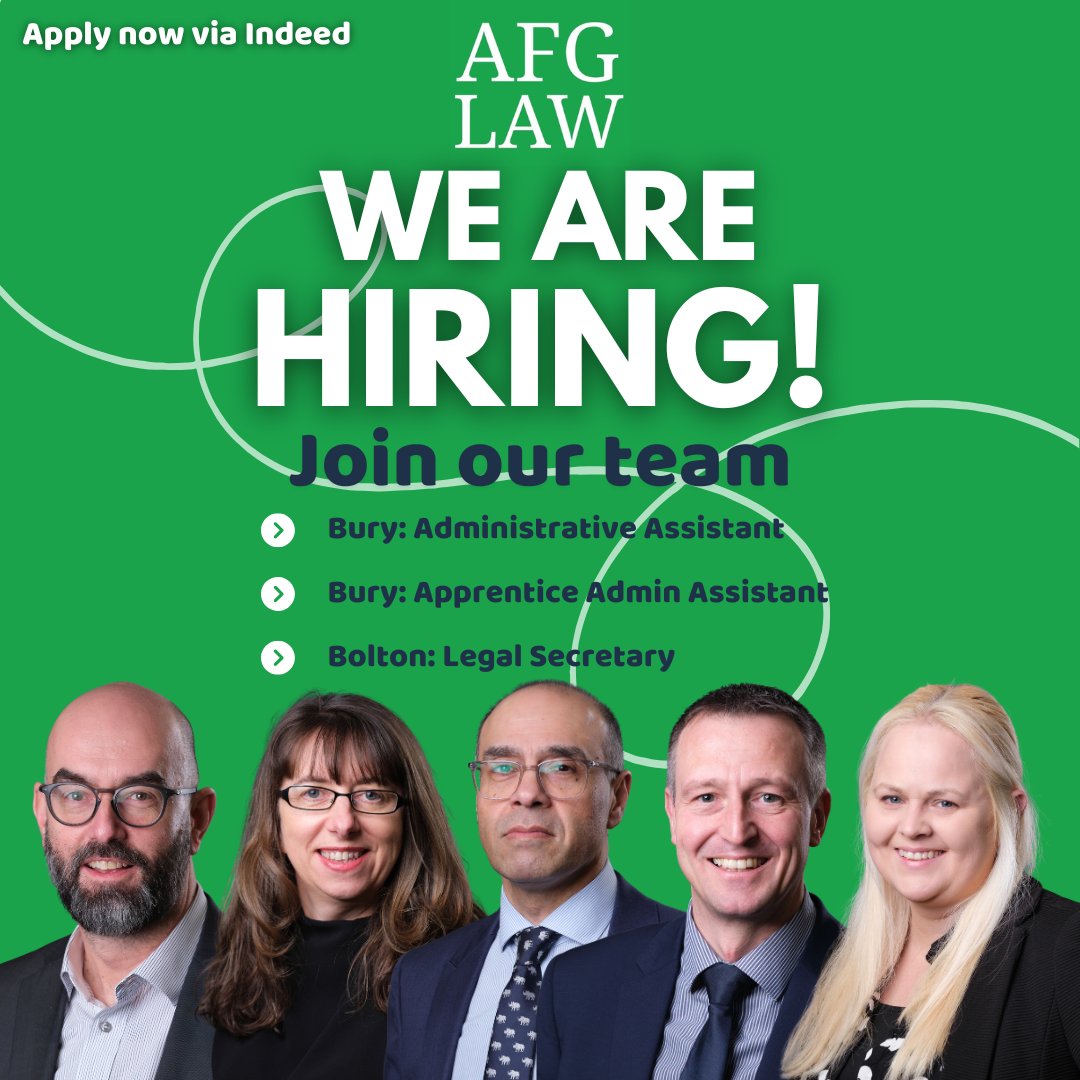 AFGLAW's tweet photo. We are currently looking for three new people to join our team!

-Admin Assistant (Bury)
-Apprentice Admin Assistant (Bury)
-Legal Secretary (Bolton)

If you're interested, forward your CV and cover letter to hrdepartment@afglaw.co.uk or apply via Indeed: https://t.co/bH7wHYfzTi https://t.co/VX7O7wURCa