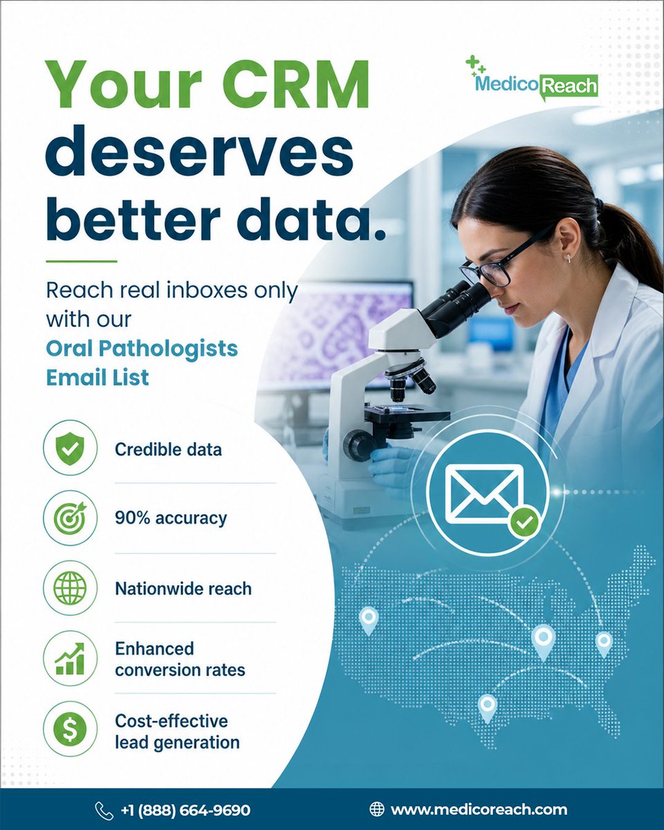 MedicoReach's tweet photo. Oral pathologists - a niche, high-value audience for dental pharma, diagnostic labs &amp; oral care brands.

MedicoReach has oral pathologist contacts segmented by geography, affiliation &amp; practice type. 🦷

👉 https://t.co/8UbrftMboQ

#OralPathology #DentalMarketing #MedicoReach https://t.co/KaxNBO60sz